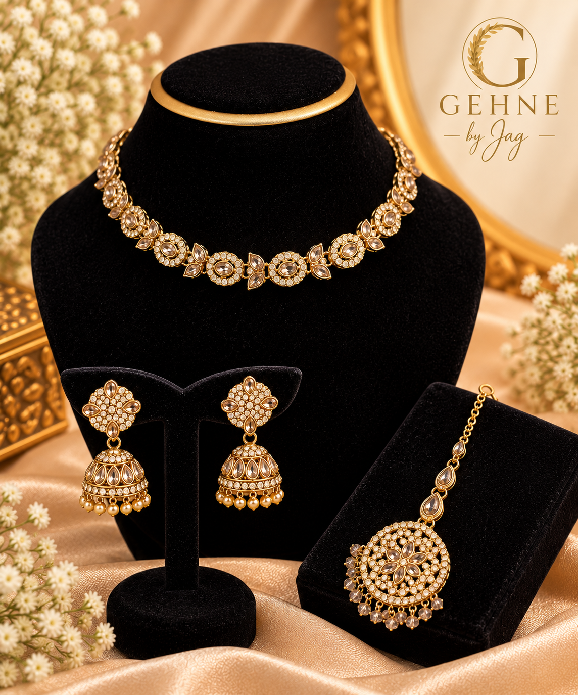 Royal Kundan Gold-Tone Necklace Set with Earrings & Maang Tikka