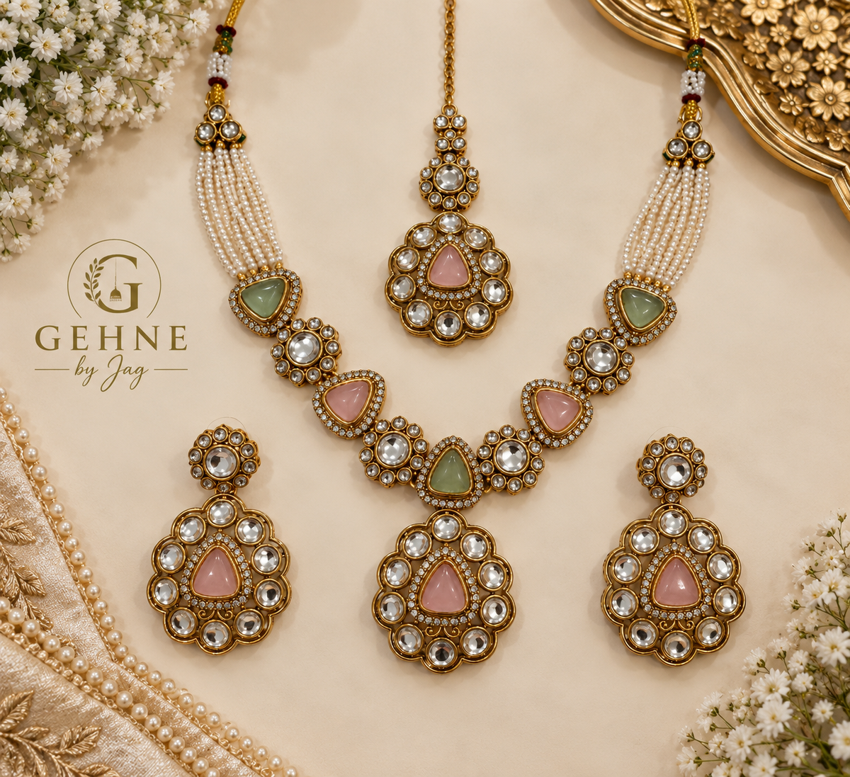 Soft Pink & Mint Kundan Set