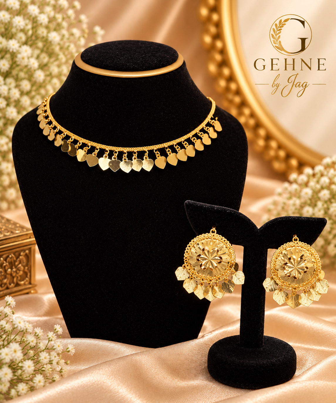Golden Heart Charm Necklace & Earrings Set