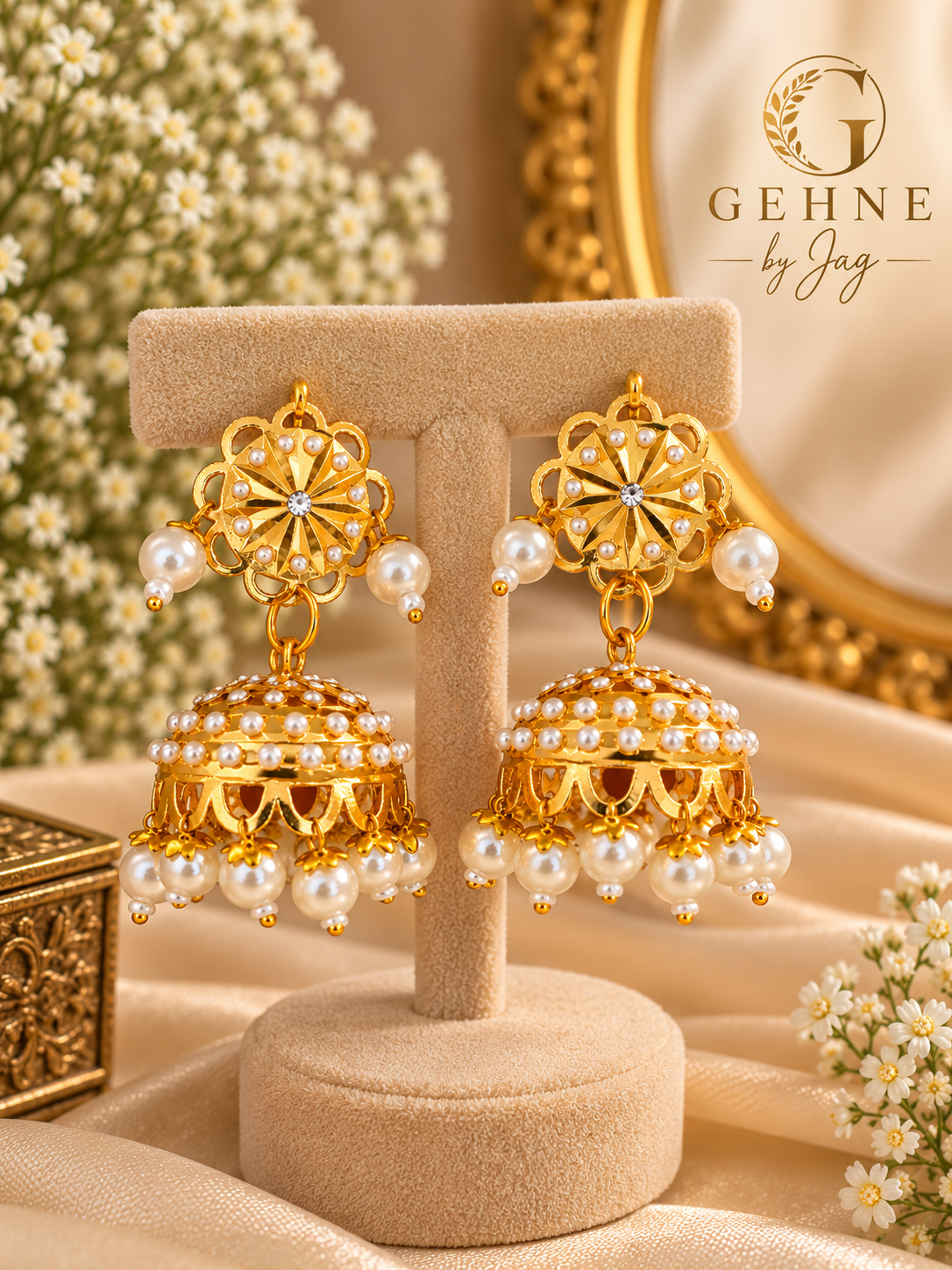 Gold Pearl Jhumka Earrings | Gehne by Jag