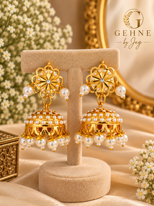 Gold Pearl Jhumka Earrings | Gehne by Jag
