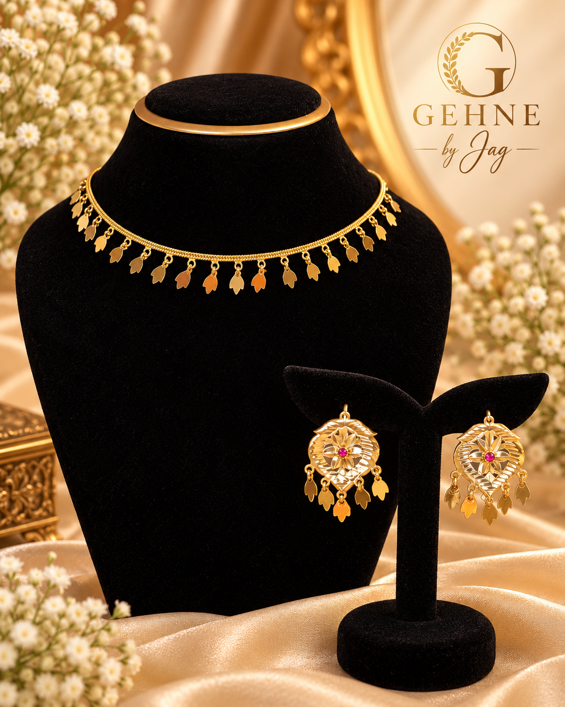 Golden Leaf Charm Necklace & Earrings Set