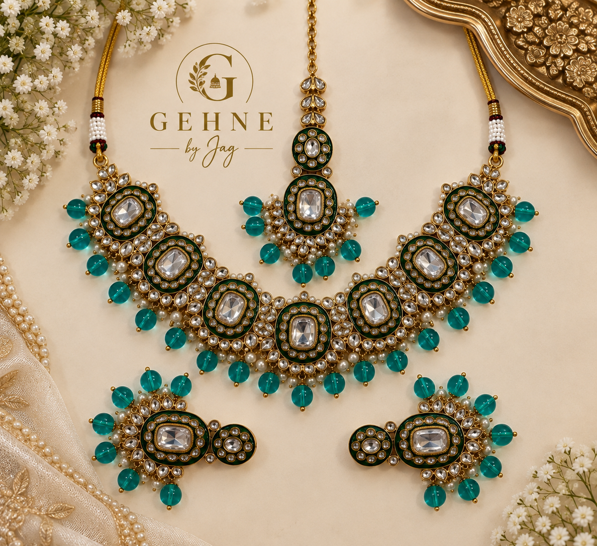Teal Emerald Kundan set